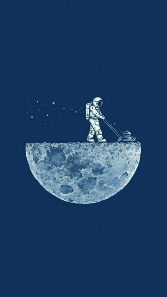 Whimsical Astronaut Mowing Lawn on Moon Wallpaper - Dark Blue Background