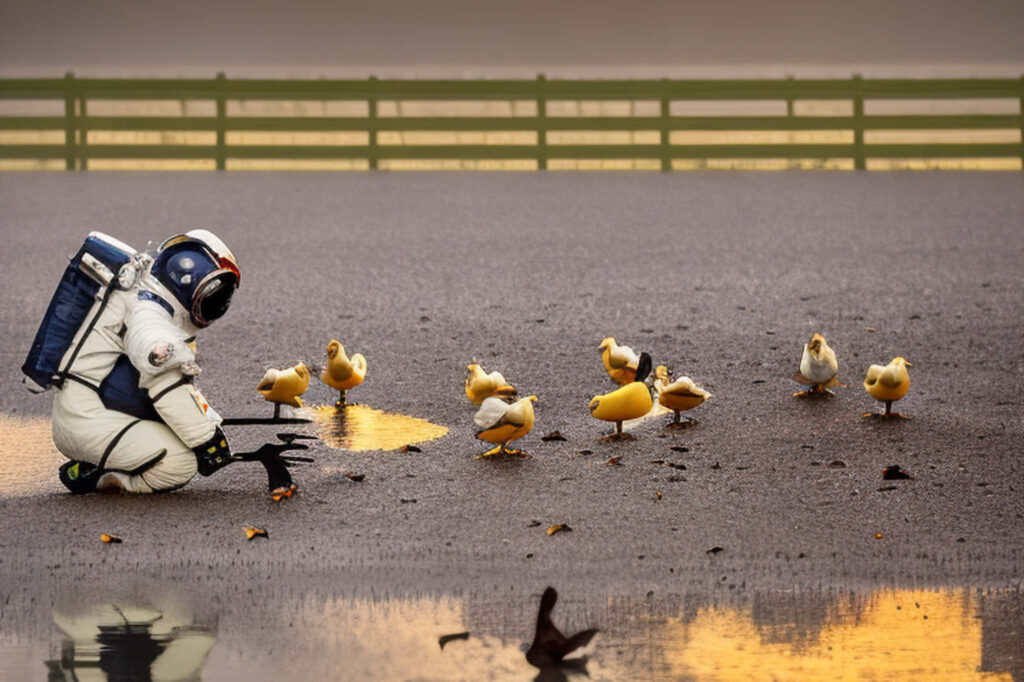 “Whimsical Astronaut with Birds in Serene Misty Landscape Wallpaper”