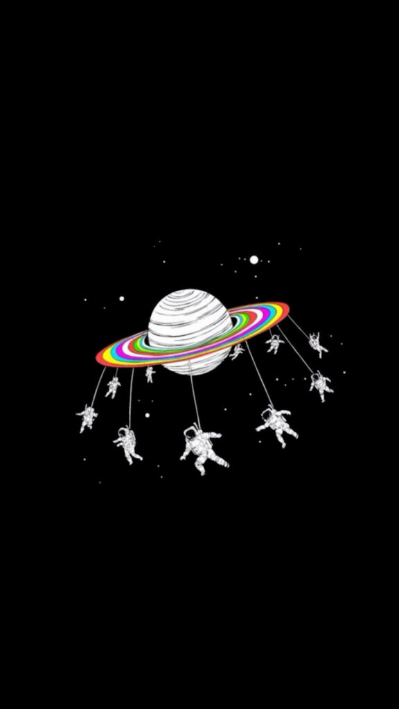 Whimsical Astronauts in Space with Colorful Saturn Ring Wallpaper