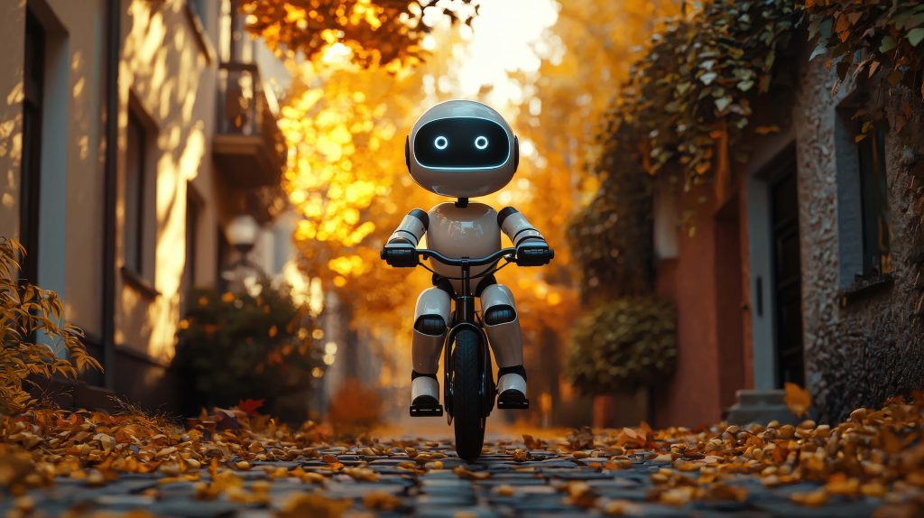 Cute white robot cycling on sunlit cobblestone street with golden autumn leaves wallpaper