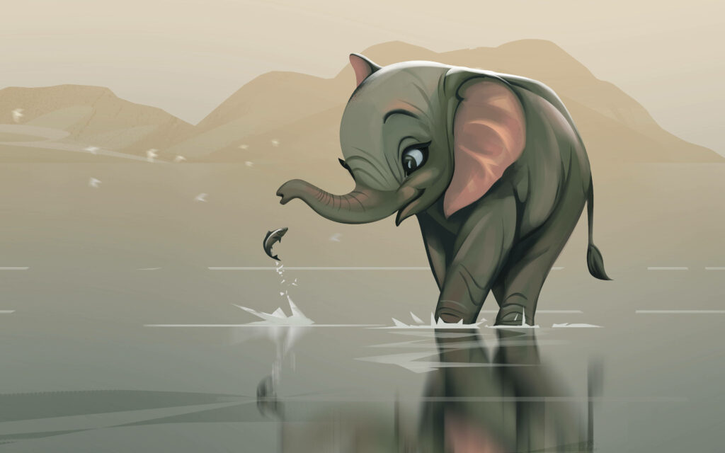Whimsical Baby Elephant and Fish Wallpaper Background