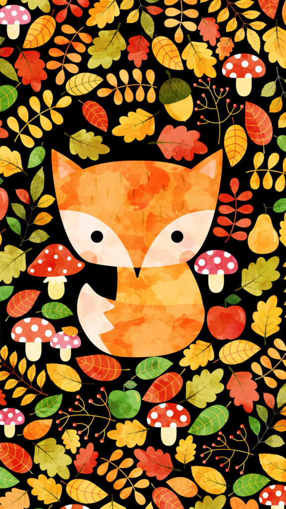 Charming Baby Fox Wallpaper with Colorful Mushrooms & Autumn Leaves