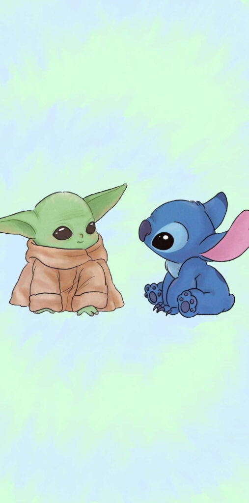 Adorable Baby Yoda and Stitch Wallpaper with Pastel Background