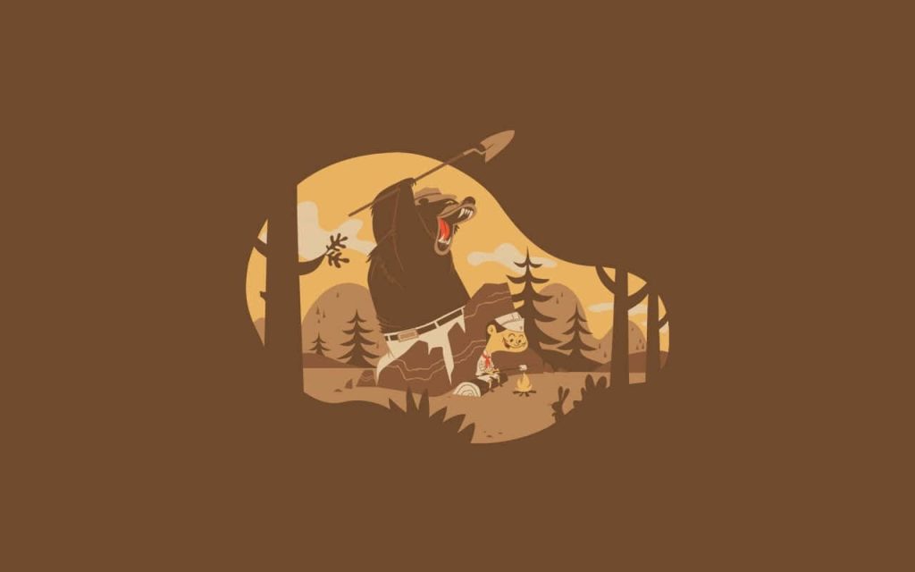 Brown bear and chef cooking by campfire in forest digital illustration warm tones wallpaper