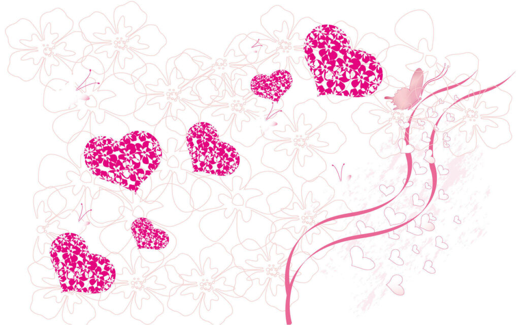 Whimsical Delights: Captivating Pink Hearts, Floral Bliss, Graceful Ribbons, and Fluttering Butterfly on a Dreamy Pink Canvas Wallpaper