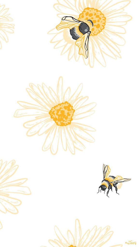 iPhone wallpaper with charming bees buzzing around delicate white flowers nature design