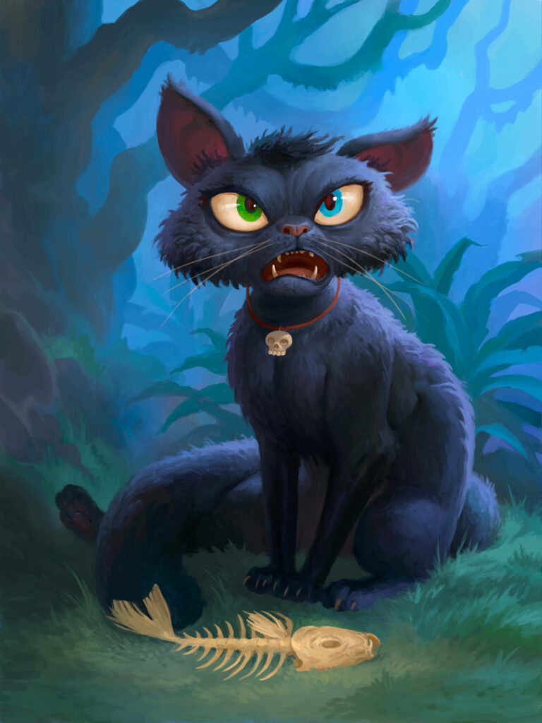 Whimsical Black Cat Wallpaper: Green Eyes & Skull in Lush Forest