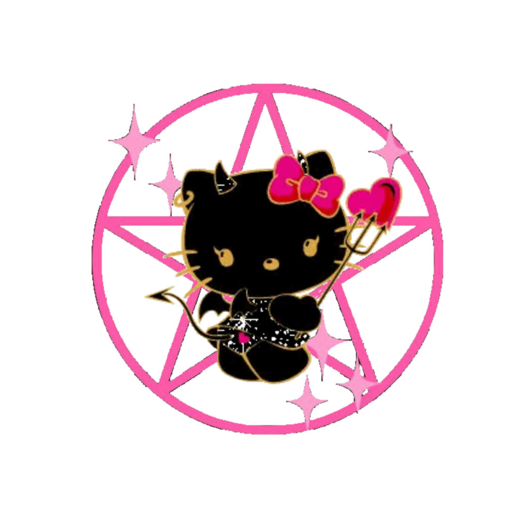 Spooky Black Hello Kitty in Halloween Costume with Pink Star Background Wallpaper