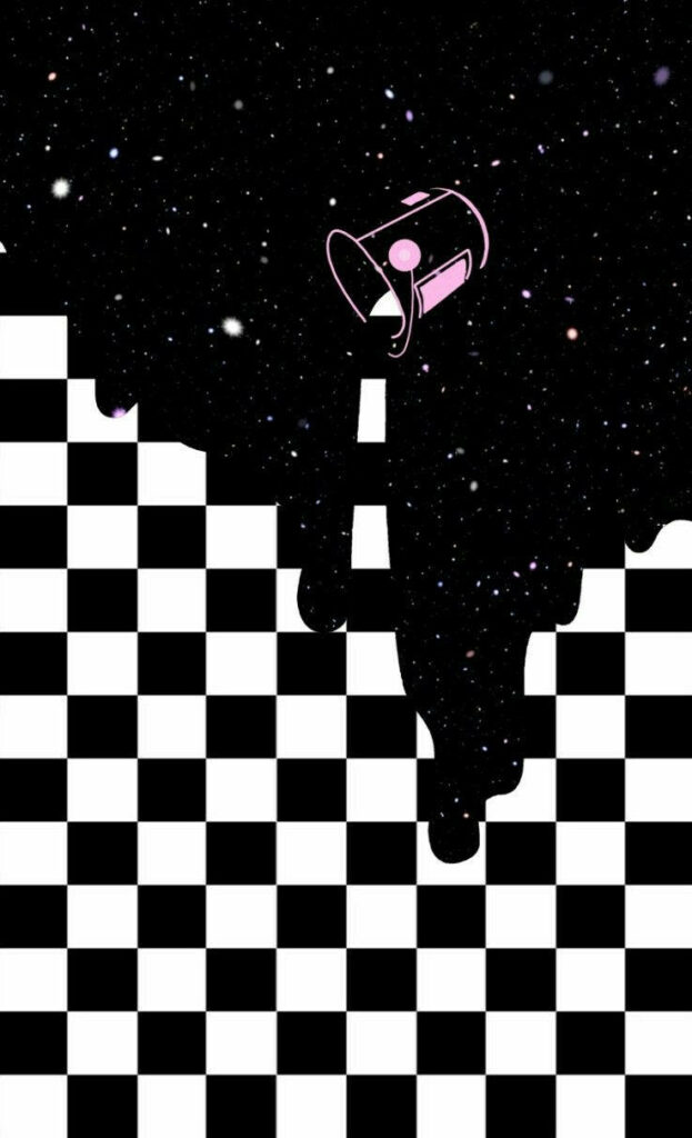 Whimsical Black & White Checkered Cosmic Wallpaper Design