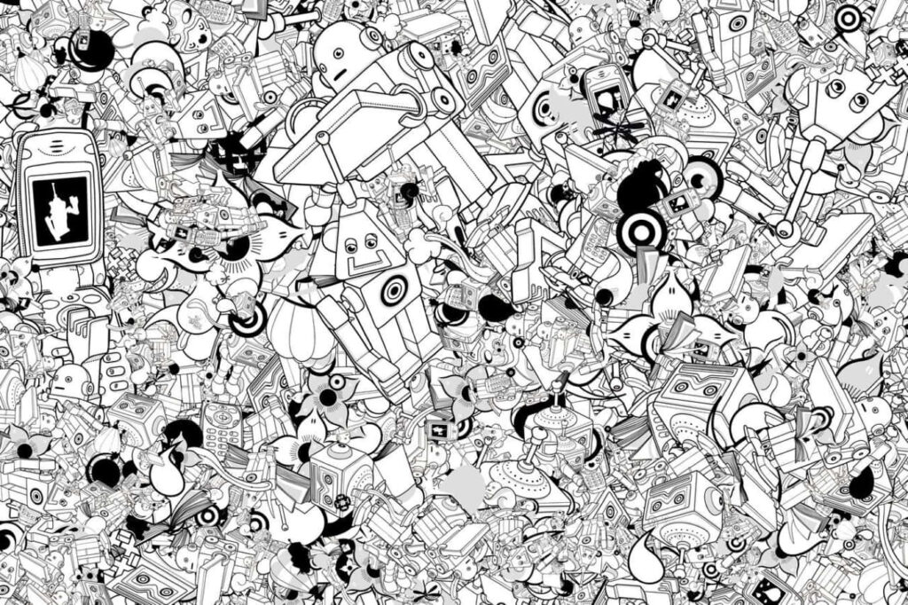 Playful Black and White Comic Wallpaper with Quirky Robot Doodles