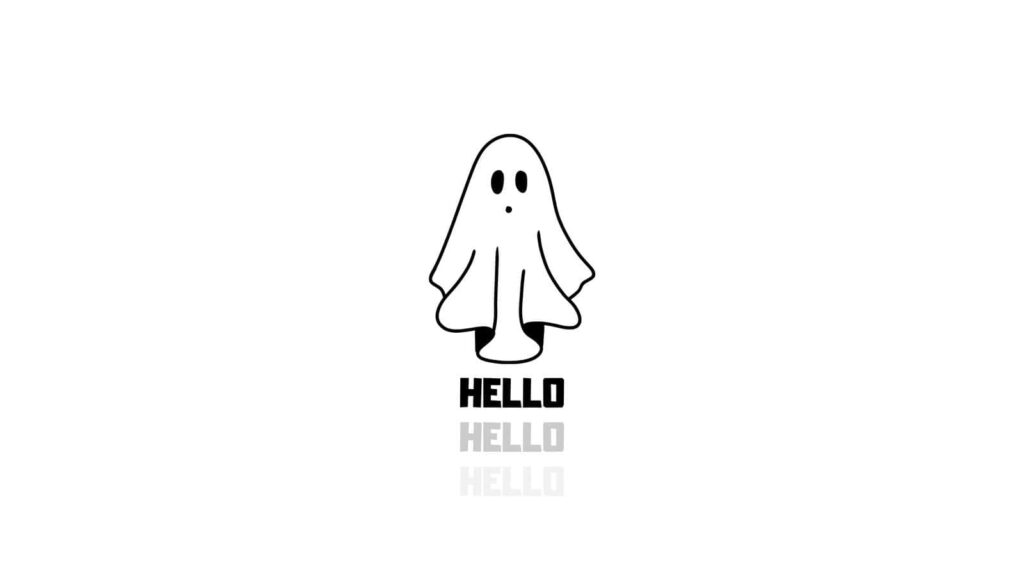 Whimsical Black and White Ghost Wallpaper with 'HELLO' Text
