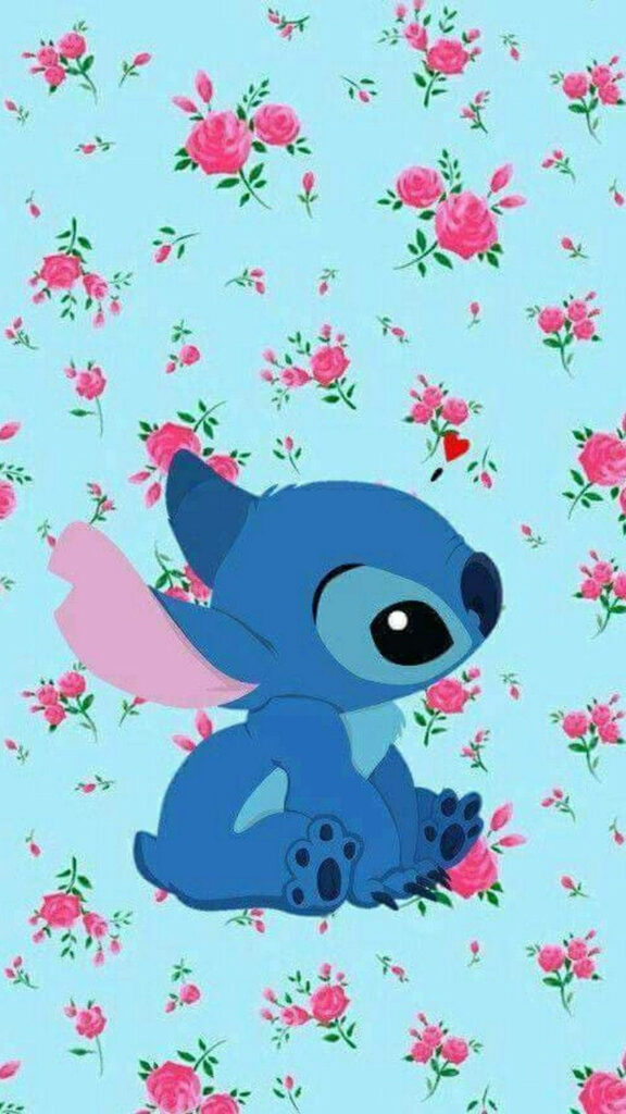 Whimsical Blue Cartoon Character Wallpaper with Pink Roses