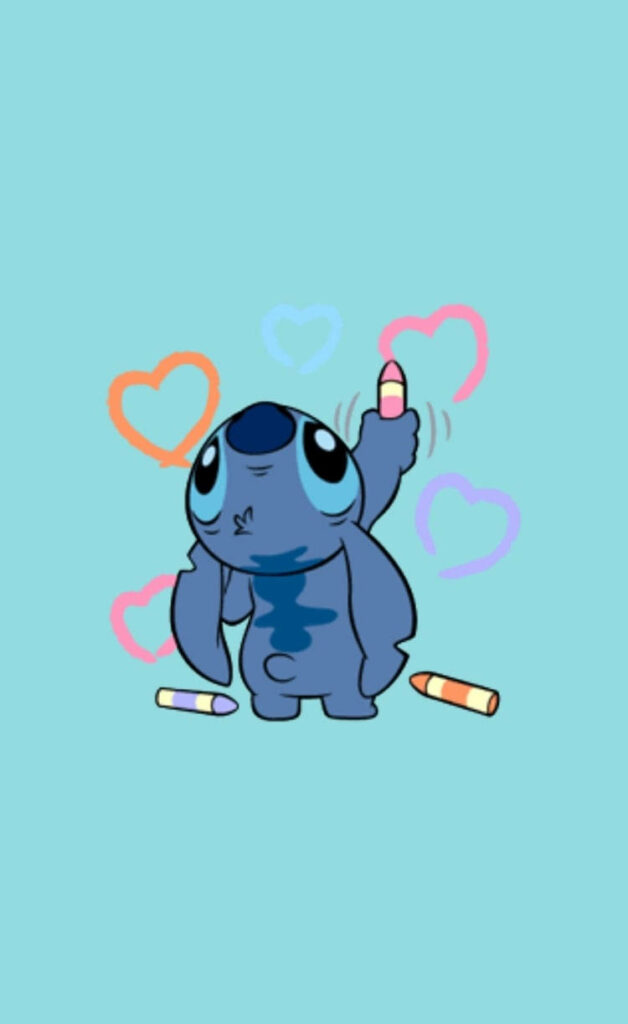 Cute Blue Character Drawing Colorful Hearts on Light Blue Wallpaper