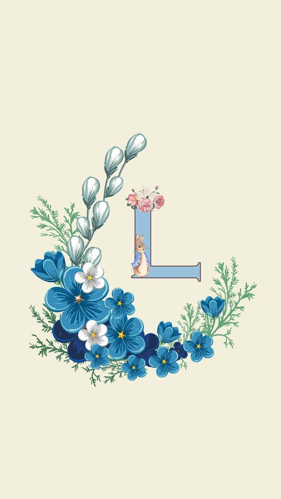 Light blue letter L with Peter Rabbit and blue flower wreath on soft cream wallpaper background