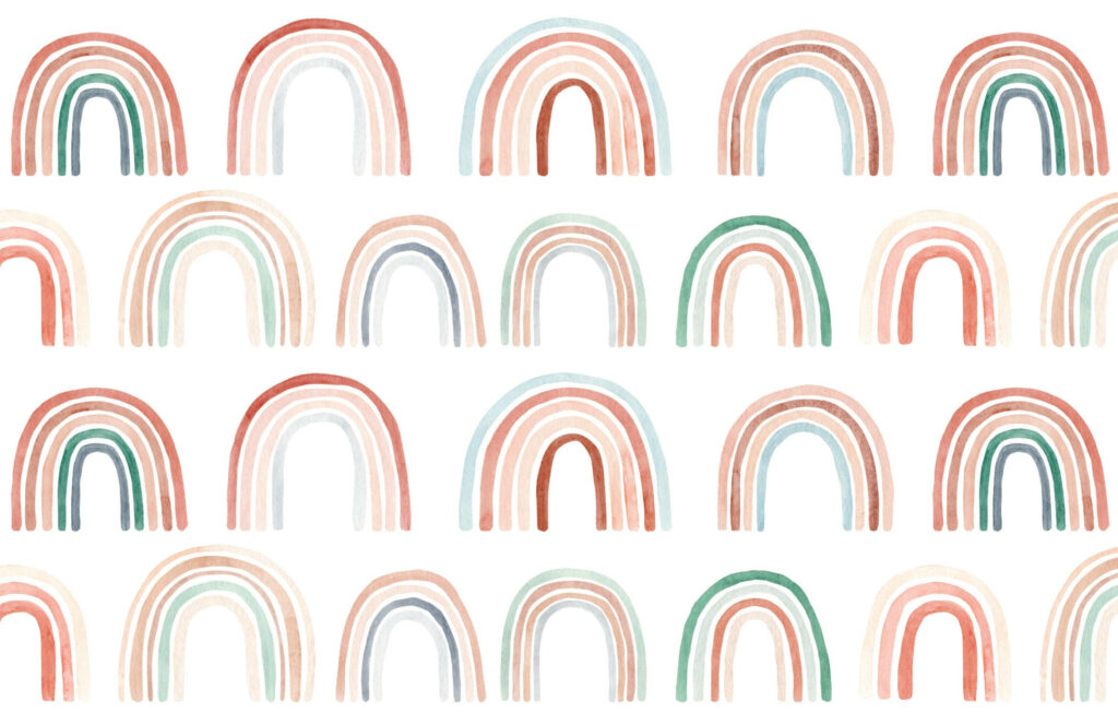 Boho rainbow wallpaper with pastel terracotta sage and dusty blue watercolor rainbows pattern