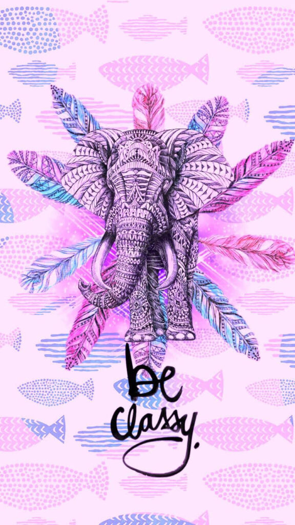 Boho Elephant Wallpaper: Whimsical Purple Art with Feathers & Fish