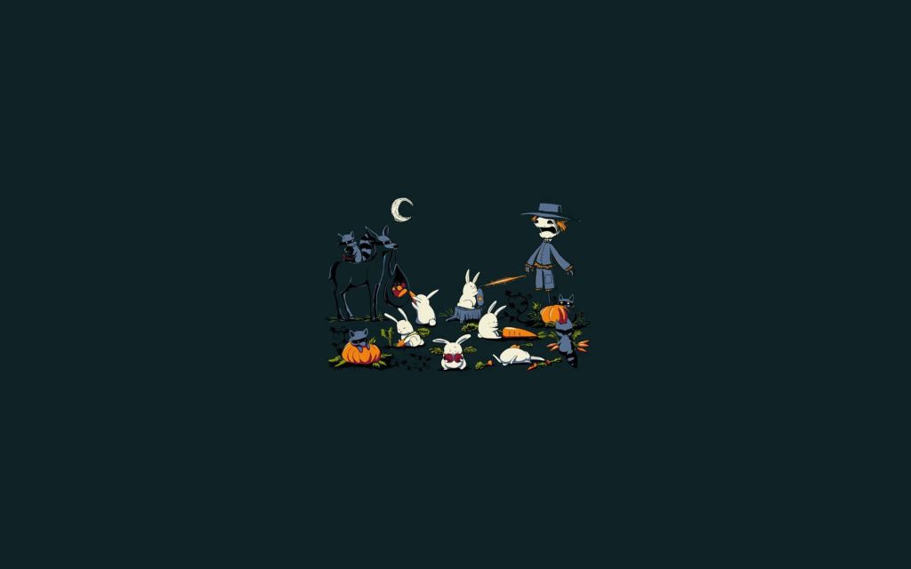 Whimsical Halloween wallpaper with white bunnies pumpkins raccoons and a crescent moon night scene