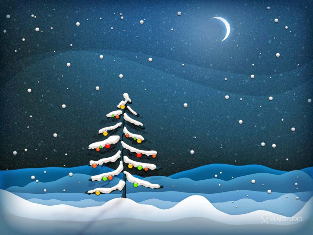 Whimsical Cartoon Christmas Tree Under Crescent Moon in Snowy Night Wallpaper