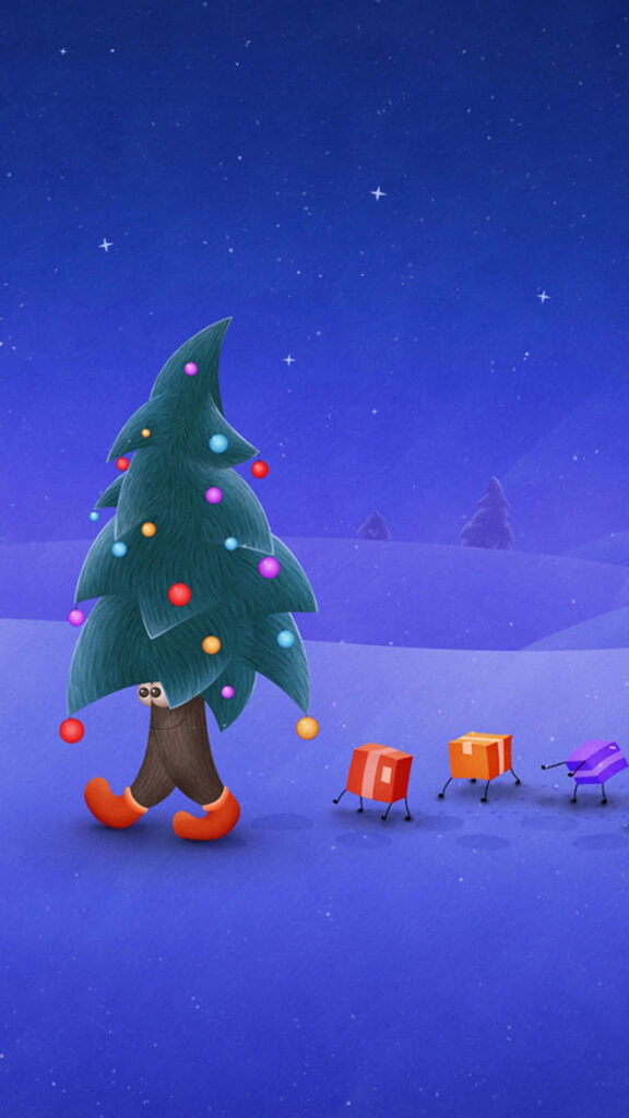 Whimsical Christmas Tree iPhone Wallpaper with Gifts & Snowy Scene