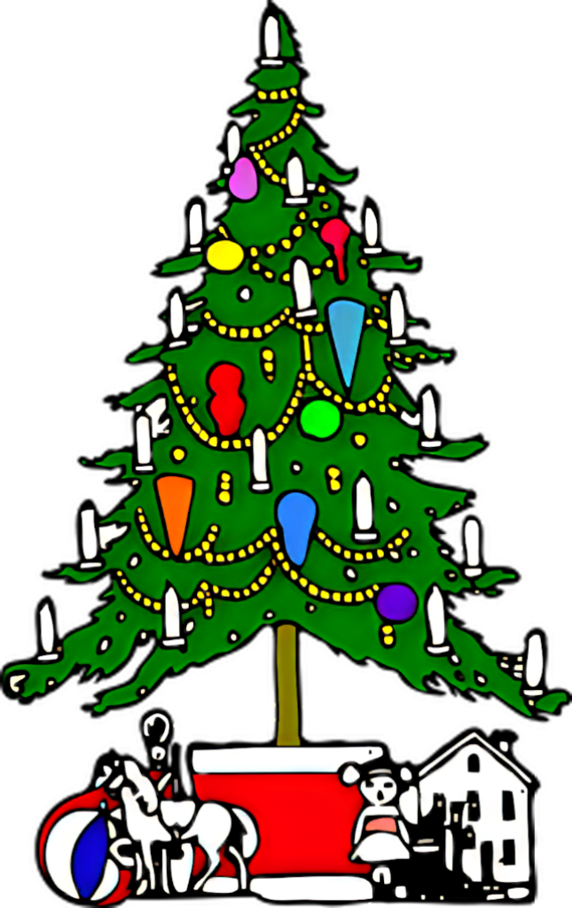 Colorful Cartoon Christmas Tree Wallpaper with Festive Scene