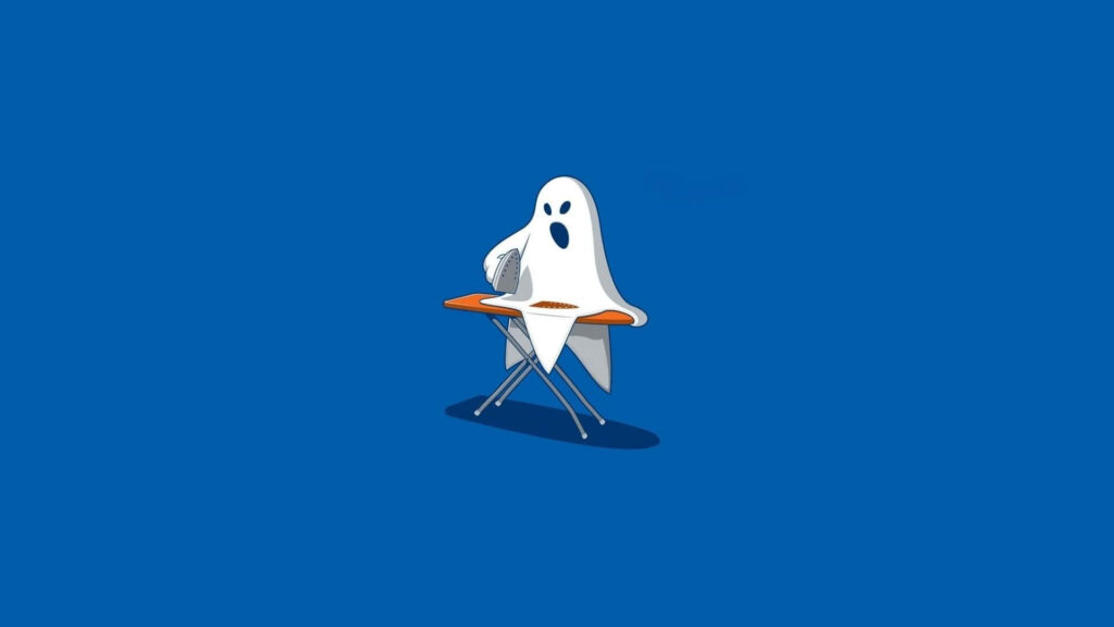 Playful Cartoon Ghost Behind School Desk - Whimsical Blue Background Wallpaper