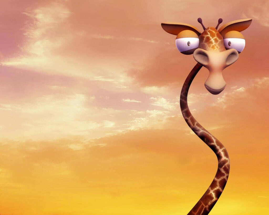 Whimsical Cartoon Giraffe Wallpaper with Colorful Sky Background