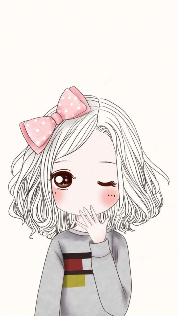 Whimsical Girl Wallpaper: Cute Cartoon with Wavy Hair & Pink Ribbon