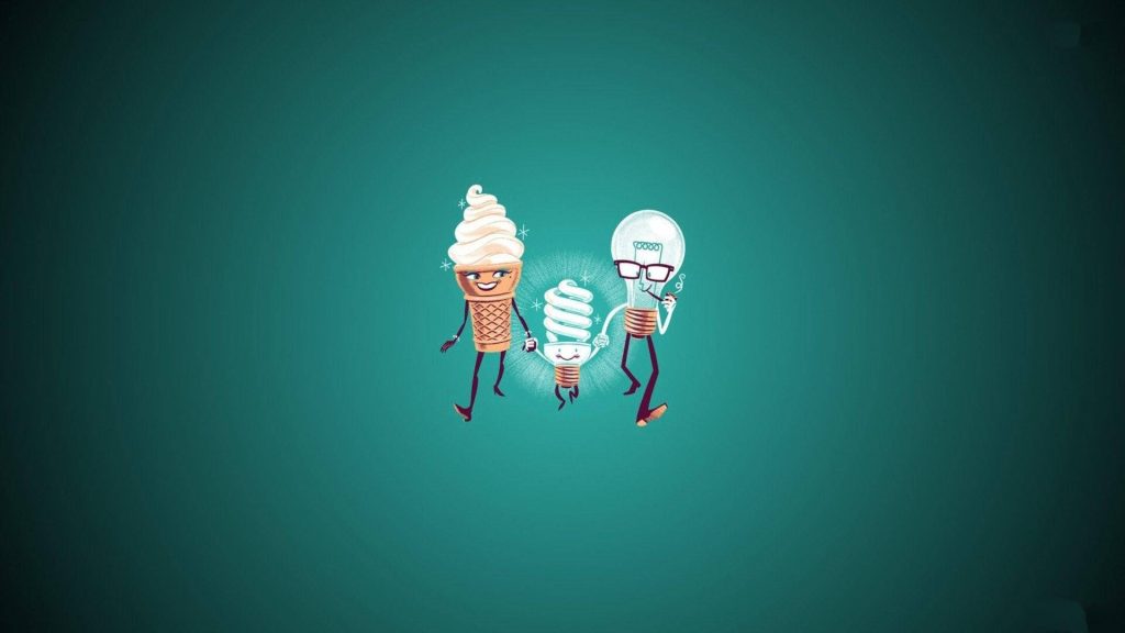 Whimsical cartoon wallpaper of ice cream cone and light bulb holding energy-efficient bulb teal background