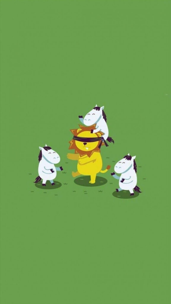 Playful Cartoon Wallpaper: Blindfolded Lion & Unicorns on Green