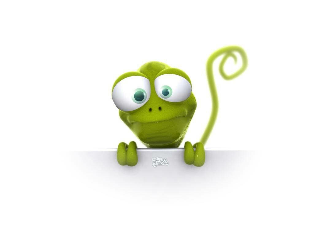 Playful Cartoon Lizard with Big Eyes Peeking on White Background Wallpaper