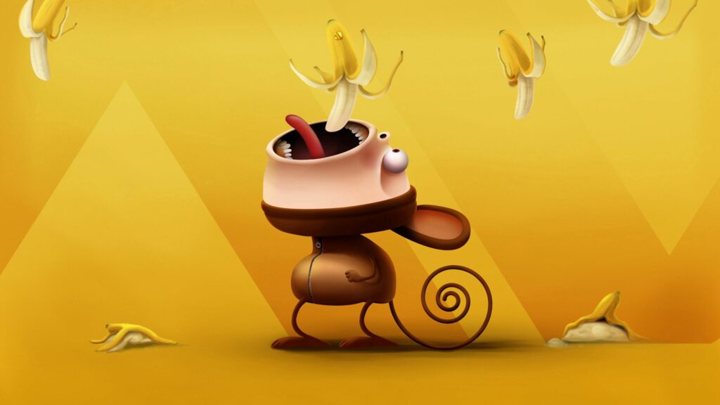 Whimsical Cartoon Monkey Wallpaper: Fun Bananas on Yellow Background