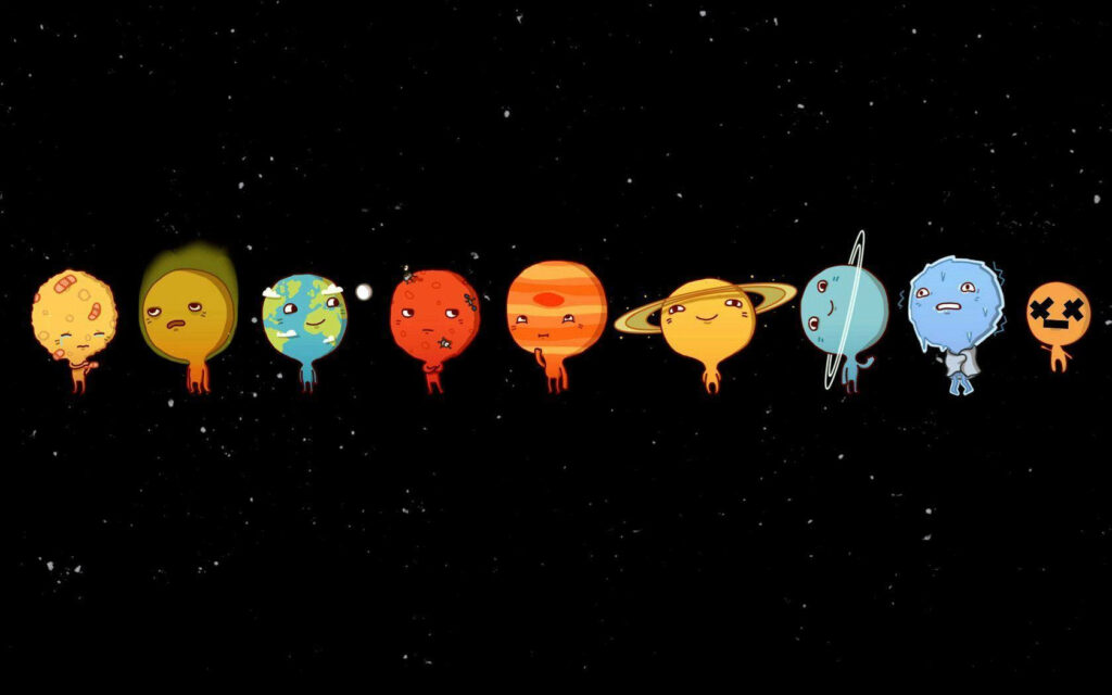 Adorable Cartoon Planets Wallpaper: Playful Expressions on Starry Background