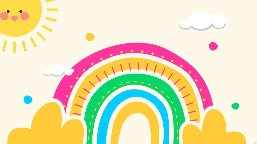 Whimsical cartoon rainbow with smiling sun and fluffy clouds on cream background wallpaper