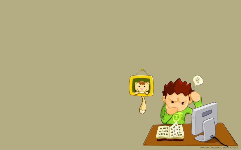 Whimsical Cartoon Wallpaper: Confused Man at Cluttered Desk