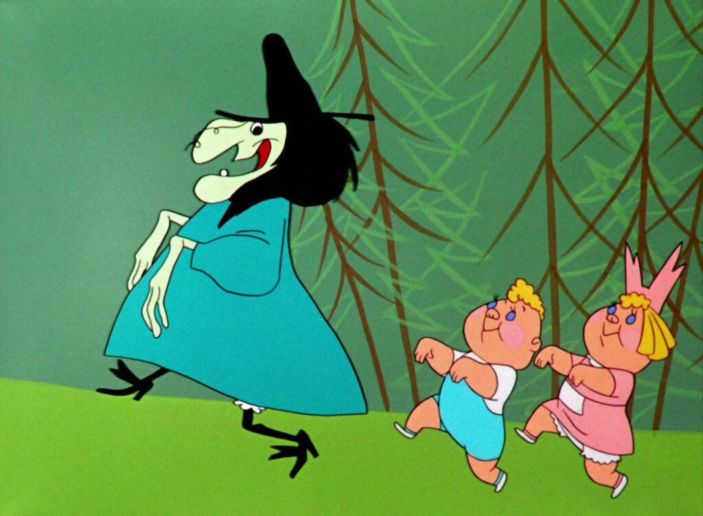 Whimsical cartoon witch leading two enchanted kids through colorful magical forest adventure wallpaper