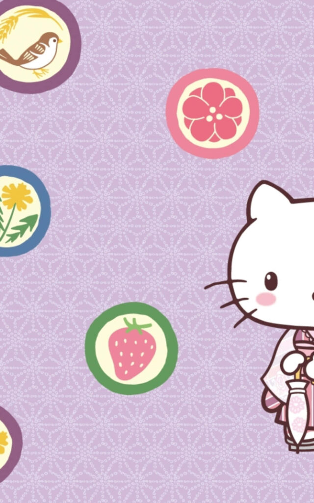 Whimsical Cat in Kimono Wallpaper with Colorful Pastel Motifs