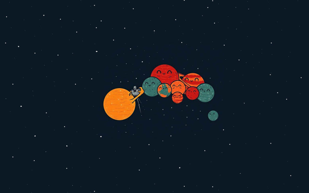 Whimsical Cat on Rocket: Colorful Planets Space Wallpaper Background