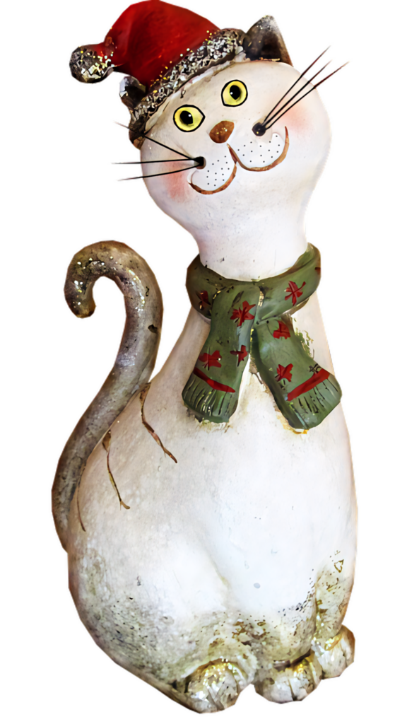 Whimsical Cat Statue Holiday Wallpaper with Santa Hat & Scarf