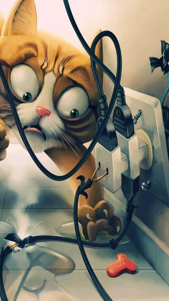 Whimsical Cat Wallpaper: Playful Scene with Curious Cat & Socket