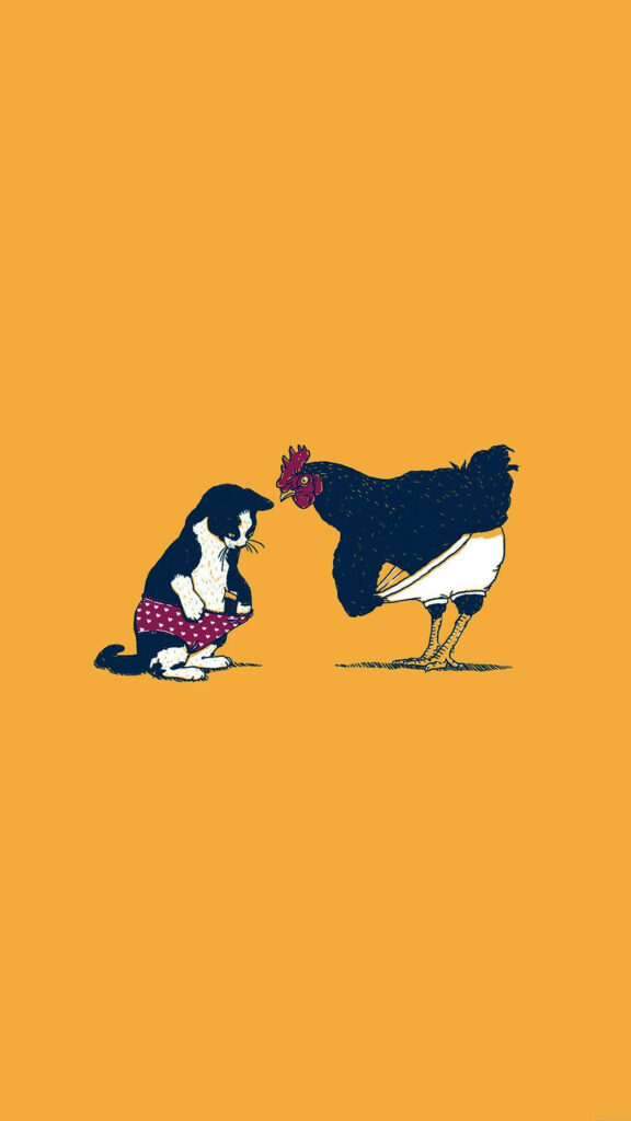 Playful Cat and Rooster Wallpaper on Vibrant Yellow Background