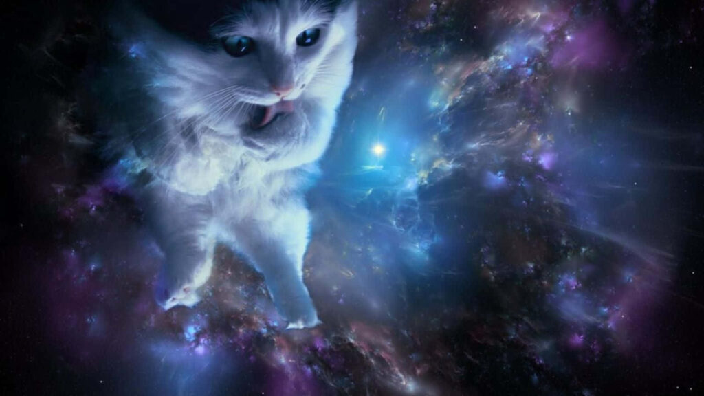 Whimsical Cat in Starry Galaxy - Dreamy Cosmic Wallpaper