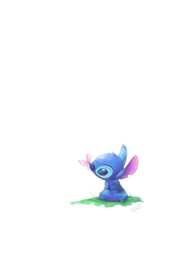 Whimsical Stitch Delight: Pink Butterfly lands on Stitch's Nose on a Chic White Aesthetic Background Wallpaper