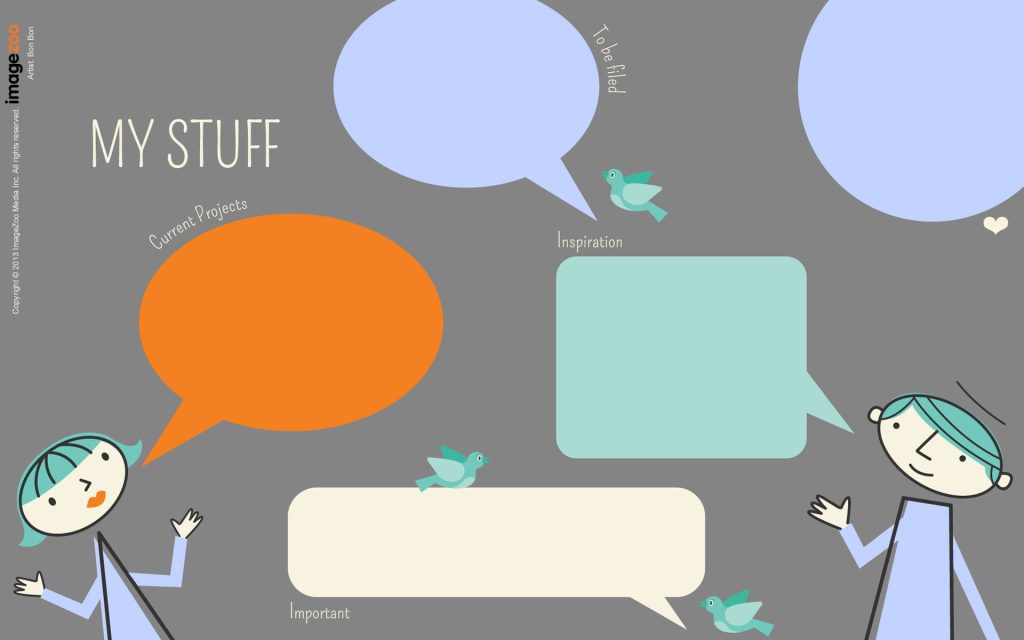 Chat desktop organizer wallpaper with cute characters birds and colorful speech bubbles by Bon Bon