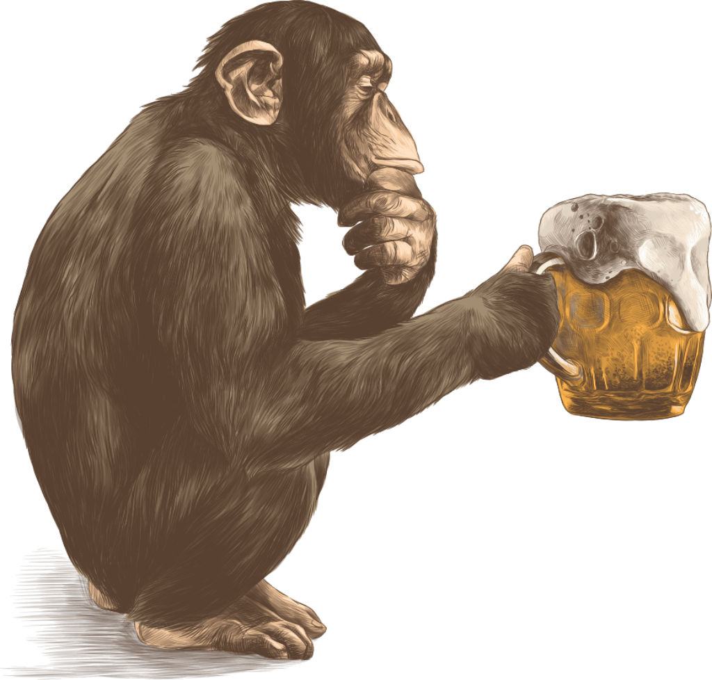 Whimsical Chimpanzee with Beer: Unique Illustration for Animal Lovers Wallpaper