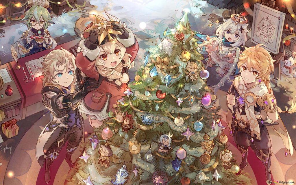 Whimsical Christmas Eve Wallpaper: Festive Tree & Joyful Characters