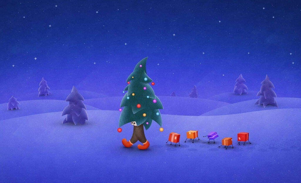 Whimsical Christmas Tree Character Wallpaper for Festive Decor
