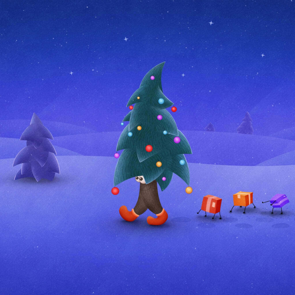 Whimsical Christmas Tree Wallpaper: Snowy Night with Gifts