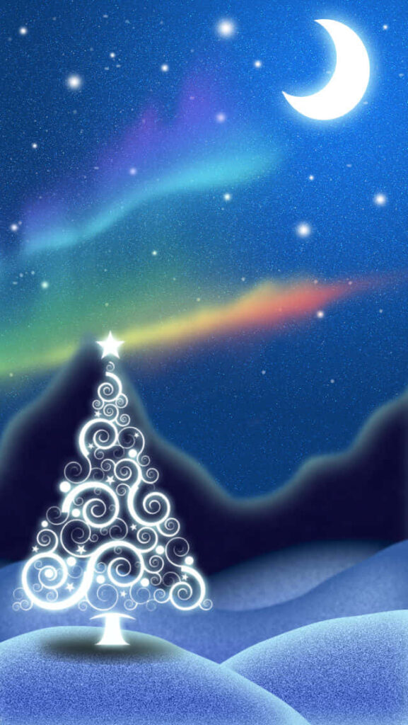 Whimsical Glowing Christmas Tree in Serene Snowy Landscape Background Wallpaper