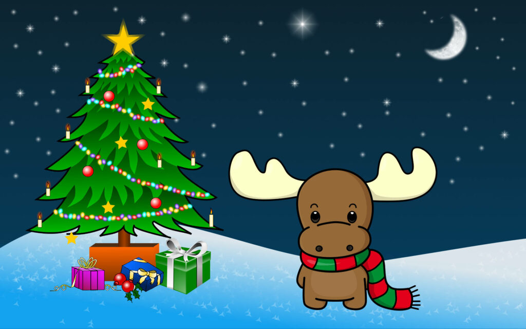 Whimsical Reindeer Wallpaper: Christmas Scene with Starry Night
