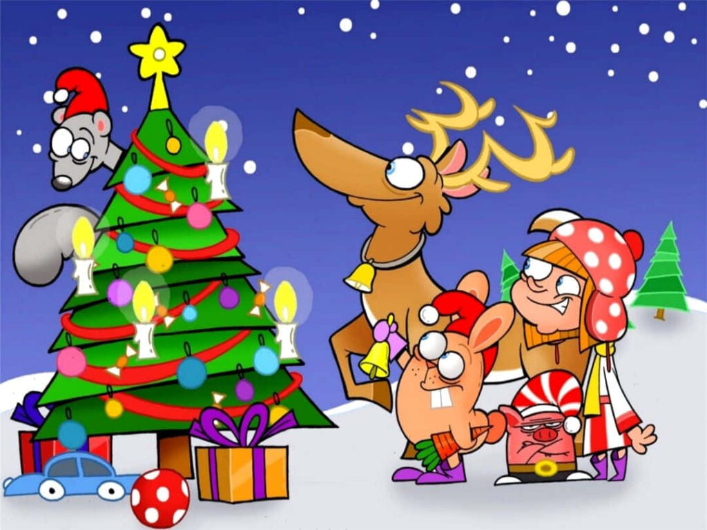 Whimsical Christmas Wallpaper: Reindeer, Child, & Pig in Snowy Wonderland